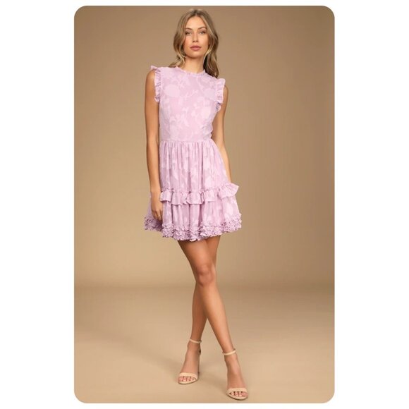 Lulus True As Can Be Lavender Burnout Floral Sleeveless Ruffled Mini Dress sz L - Picture 1 of 11